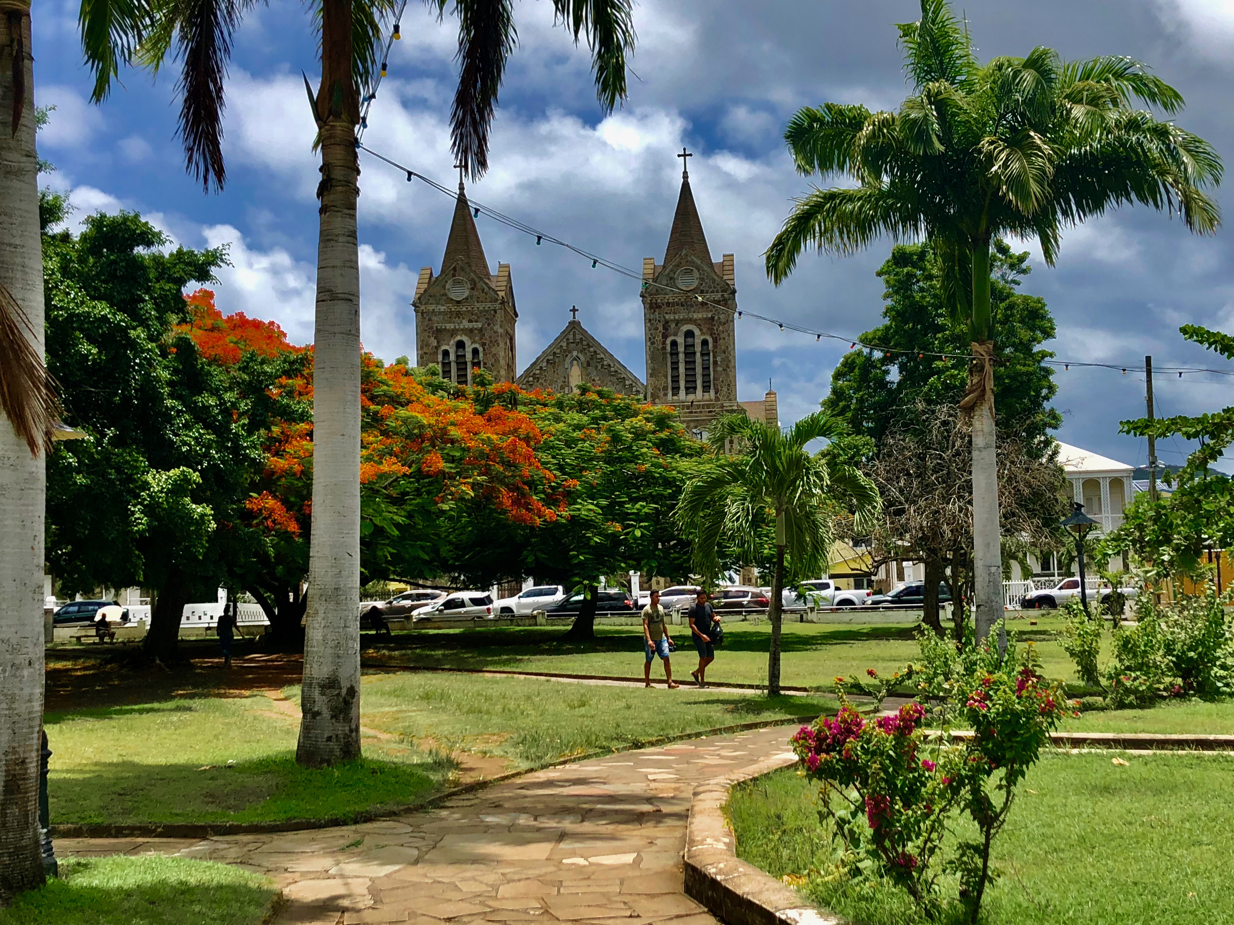 Cathedral in Basseterre with palm trees and flowers