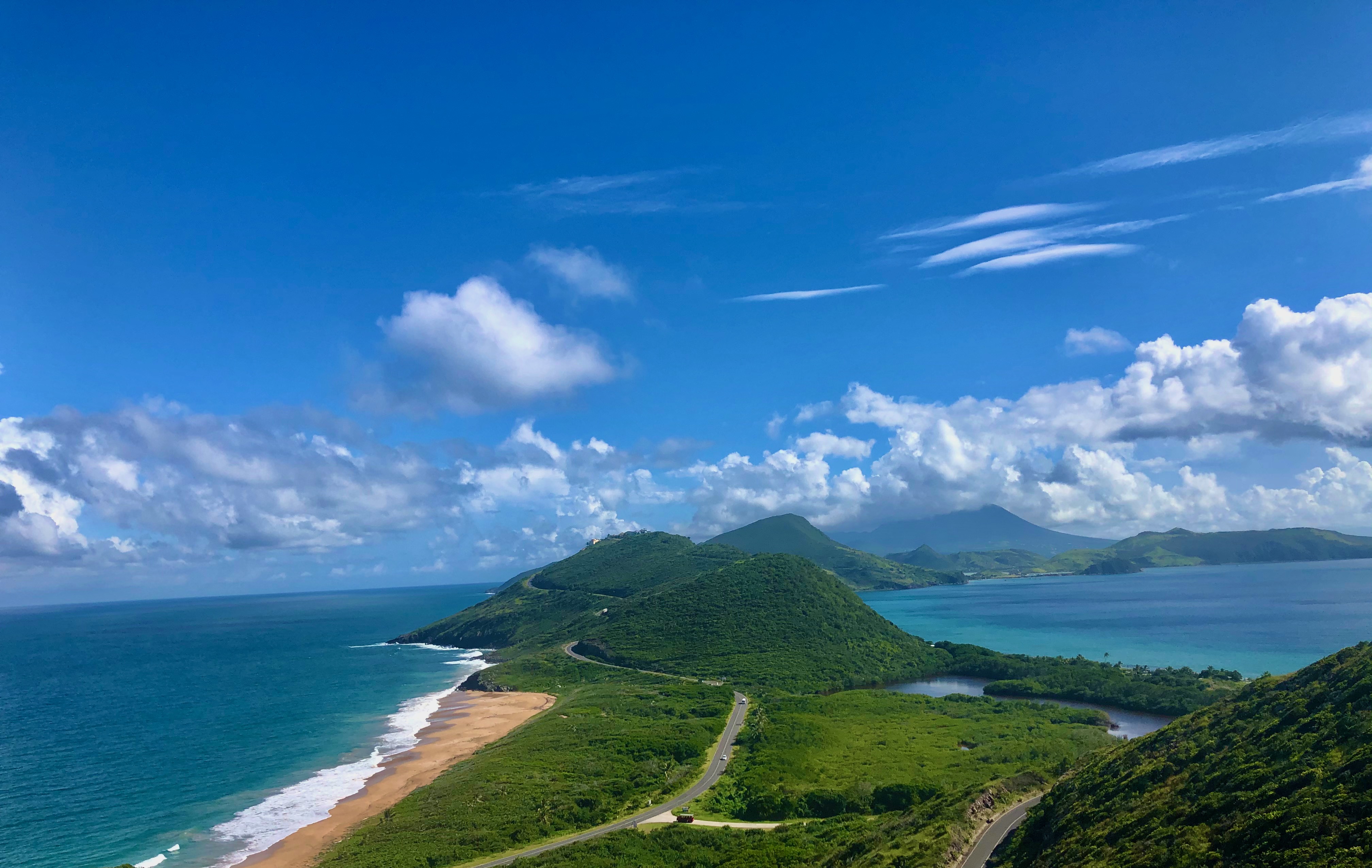 Aerial view of St. Kitts peninsula where Atlantic meets Caribbean